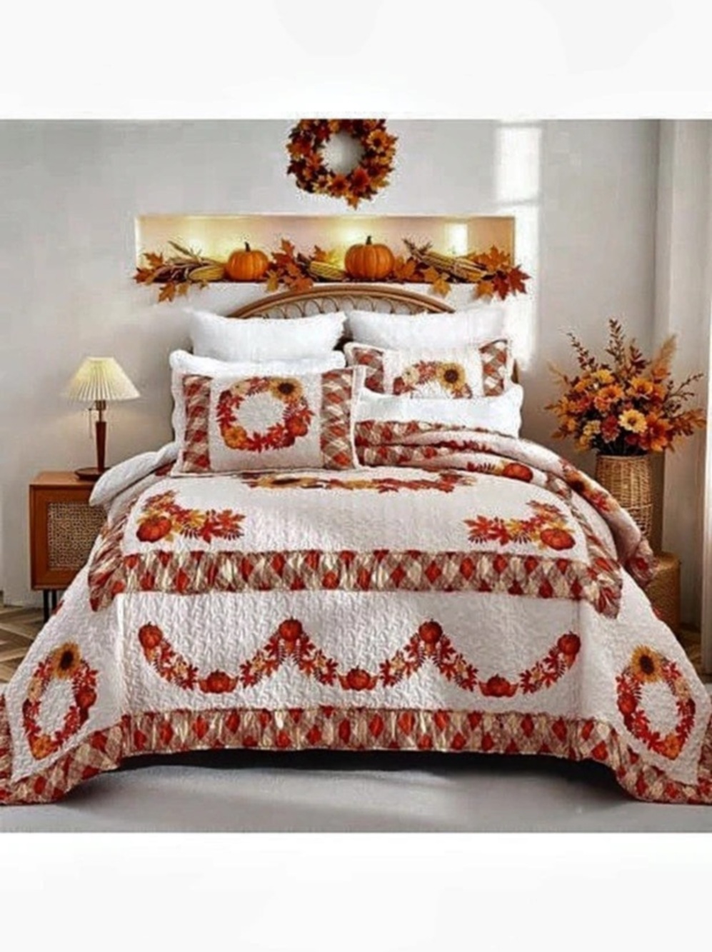 Floral Quilt in White & Orange Fall Bedding Queen
